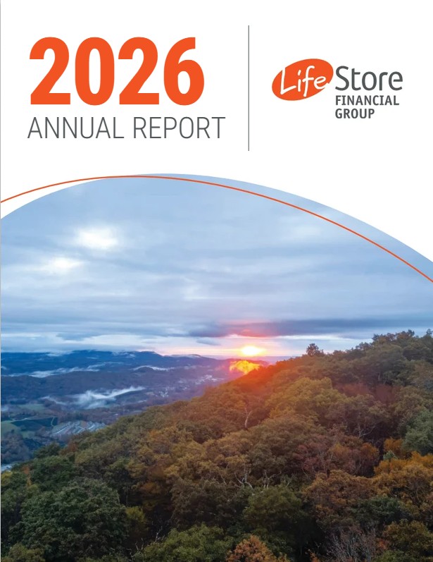 Front cover of the 2026 Annual Report features the LifeStore Financial Group logo as well as a photo of a mother walking her young son into the public library