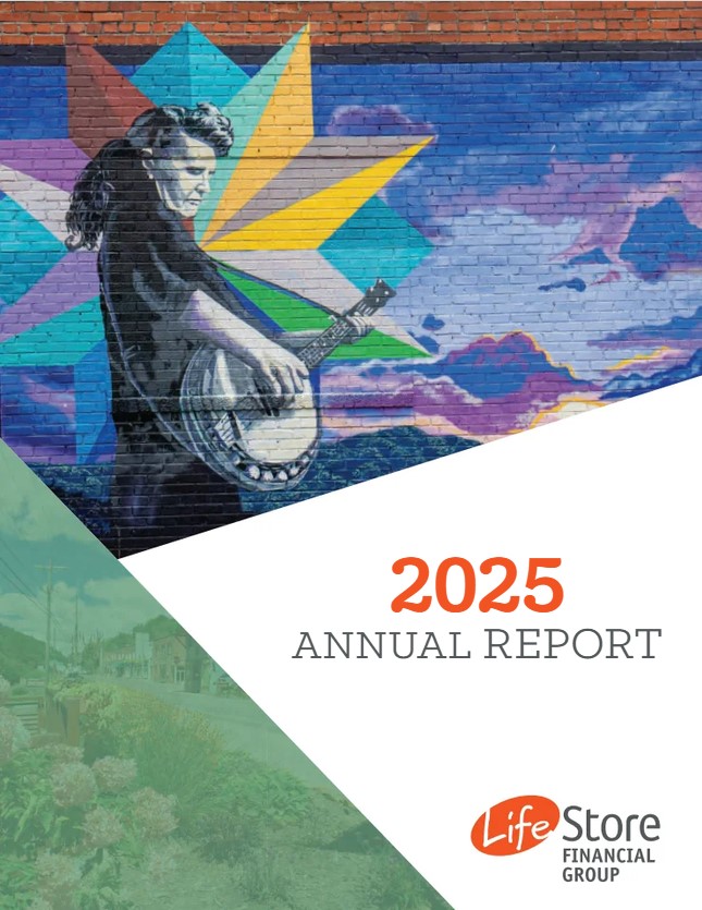 Front cover of the 2024 Annual Report features the LifeStore Financial Group logo as well as a photo of a mother walking her young son into the public library